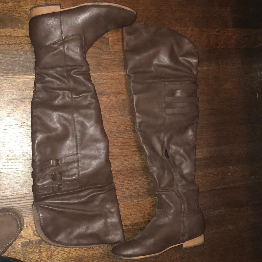 Brown over the knee faux leather boots